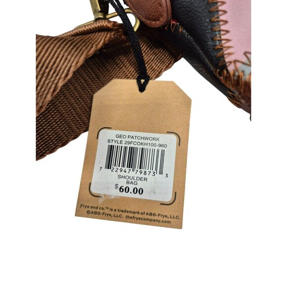 Frye & Co. Geometric Patchwork Leather Crossbody Shoulderbag Purse Brown Brass - Picture 8 of 14